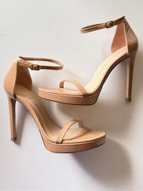 Stuart Weitzman patent nudist disco sandal heels